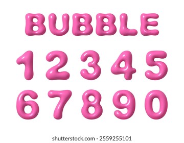 Glossy English alphabet letters and numbers. Vector isolated bubble balloon font. Realistic inflatable ABC and numerals for birthday party decoration. Playful typeface with trendy volume