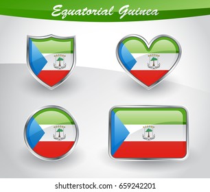 Glossy Equatorial Guinea flag icon set with shield, heart, circle and rectangle shapes in silver frame. Vector illustration.