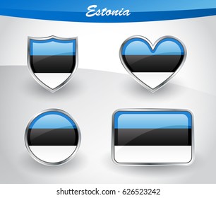 Glossy Estonia flag icon set with shield, heart, circle and rectangle shapes in silver frame. Vector illustration.