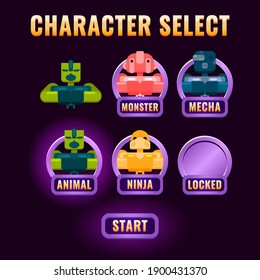 glossy fantasy Game ui character selection pop up for 2d gui interface vector illustration