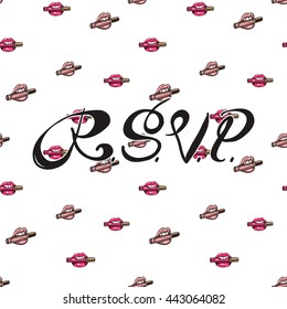 Glossy fashion banner with RSVP lettering on biting lipstick and lipstick mouth in vogue style. Black inscription on shine colorful seamless background. Vector illustration.