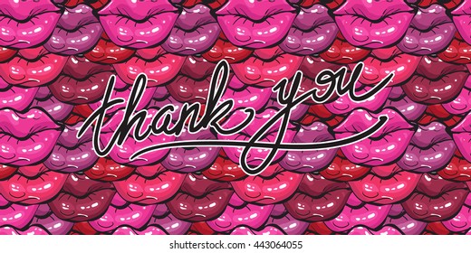 Glossy fashion banner with thank you lettering on pink and red lips, paint lips, pink mouth, rouge lips in vogue style. Black inscription on shine colorful seamless background. Vector illustration.