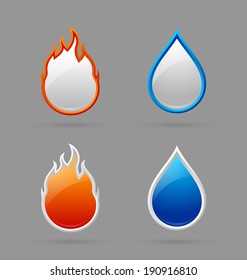 Glossy fire and water icons on grey background