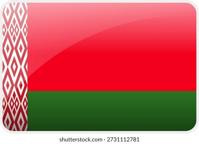 Glossy flag icon of Belarus (Republic of Belarus) with red and green stripes and traditional ornamental pattern Represents Belarusian national identity, history and heritage in Europe