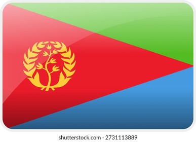 Glossy flag icon of Eritrea with red triangle, green and blue fields and golden olive branch wreath. Represents Eritrean national identity, heritage and African pride in a glass button