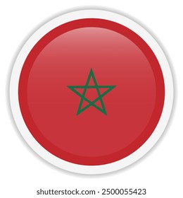 Glossy flag of Morocco on white background. Round vector icon with shadow underneath. Icon for mobile apps, UI and web design