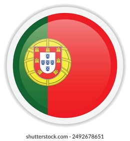 Glossy flag of Portugal isolated on white background. Round vector icon with shadow underneath. Icon for mobile apps, UI and web design