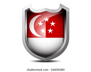 Glossy flag of Singapore metal shield on a white background