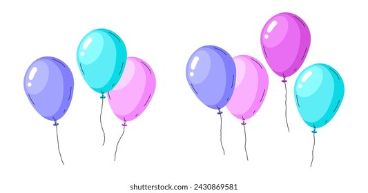 Glossy floating balloons. Colorful helium balloons, bright air balloons festive decorations flat vector illustration. Happy birthday celebration decor