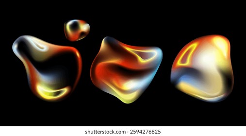 Glossy Fluid Blobs and bubbles with Light Reflections.3D Iridescent Futuristic Liquid Forms in a Modern Style set. liquid shape smooth forms,reflective surfaces design elements. Vector illustration