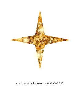 Glossy four pointed contour star icon on white. Gold glitter star icon. For card, cover or invitation.