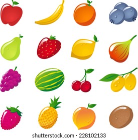 Glossy fruit icon collection, Apple, Banana, Orange, Strawberry, Pineapple, Cherry, Lemon, Kiwi, Watermelon, Peach. Vector Illustration Cartoon. 