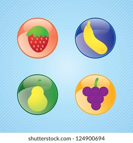 Glossy fruit set buttons, banana, grapes, pear, strawberry on blue background