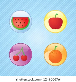 Glossy fruit set buttons, watermelon, apple, orange, cherry on blue background