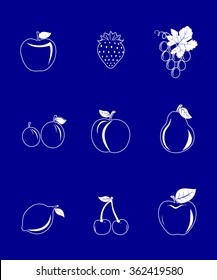 Glossy fruits icons set on dark blue background vector illustration 