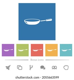 Glossy frying pan flat white icons in square backgrounds. 6 bonus icons included.