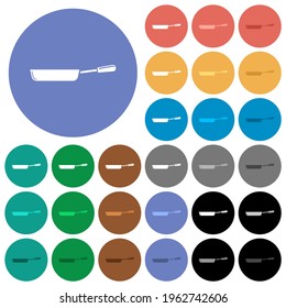 Glossy frying pan multi colored flat icons on round backgrounds. Included white, light and dark icon variations for hover and active status effects, and bonus shades.