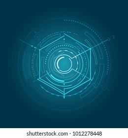 Glossy futuristic interface with geometric shapes vector illustration with light blue curved and straight lines rhomb many small triangle and squares