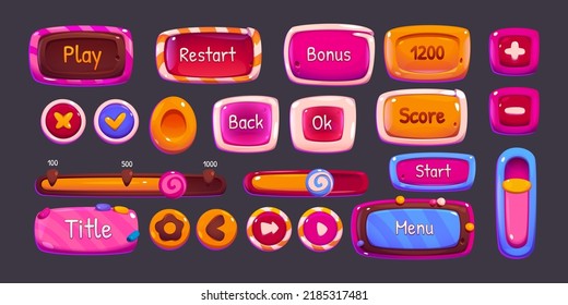 Glossy game buttons, boards and bars with candy and chocolate texture. Vector cartoon set of sweet game ui elements, menu, play, score buttons, check and cross marks, sliders