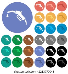 Glossy gasoline pump fuel nozzle multi colored flat icons on round backgrounds. Included white, light and dark icon variations for hover and active status effects, and bonus shades.