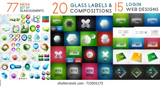 Glossy glass banners with reflections, vector huge mega collection for your message