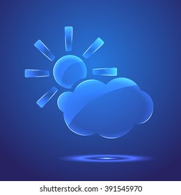 Glossy glass cloud icon and the sun. Vector illustration.Glossy blue icon with clouds of light.