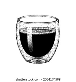 Glossy glass double wall cup with hot coffee. Realistic sketch in pointillism style. Hand-drawn vector for menu, cafe, restaurante, product design.