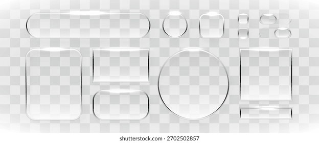 Marcos de vidrio brillante y Botones de Web con efecto transparente. Elementos de diseño de interfaz de usuario modernos. Ilustración vectorial.