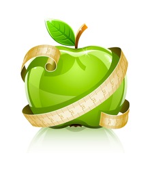 glossy glass green apple with measuring line banner - vector illustration