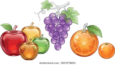 Glossy glass texture fruit illustration vector set featuring realistic fresh red green apples purple grapes and orange slices.