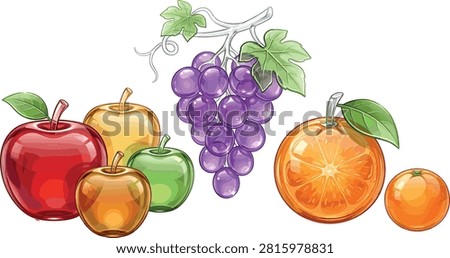 Glossy glass texture fruit illustration vector set featuring realistic fresh red green apples purple grapes and orange slices.