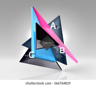 Triângulos translúcidos de vidro brilhante em espaço vazio 3d. Plano de fundo de modelo de vetor para layout de fluxo de trabalho, diagrama, opções de número ou design da Web