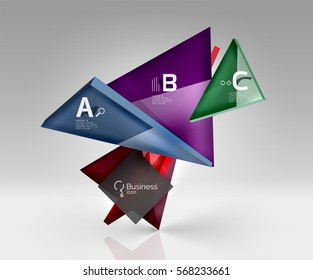 Triángulos traslúcidos de vidrio brillante en espacio vacío 3d. Fondo de plantilla de vector para diseño de flujo de trabajo, diagrama, opciones de número o diseño web