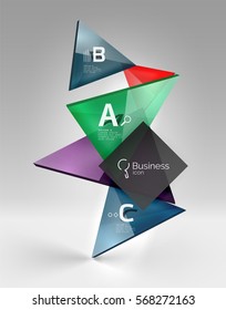 Triángulos traslúcidos de vidrio brillante en espacio vacío 3d. Fondo de plantilla de vector para diseño de flujo de trabajo, diagrama, opciones de número o diseño web