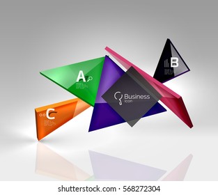 Glossy Glas durchsichtige Dreiecke auf 3D Leerraum. Vektorvorlagenhintergrund für das Workflowlayout, -diagramm, -nummeroptionen oder Webdesign