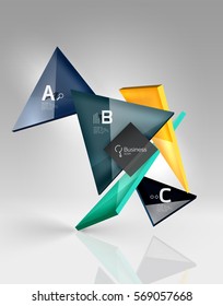 Glossy glass translucent triangles on 3d empty space. Vector template background for workflow layout, diagram, number options or web design