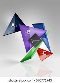 Glossy glass translucent triangles on 3d empty space. Vector template background for workflow layout, diagram, number options or web design