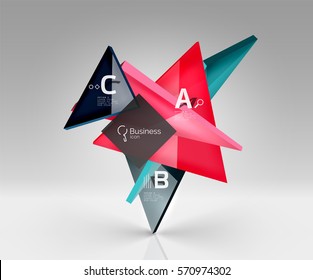 Triángulos traslúcidos de vidrio brillante en espacio vacío 3d. Fondo de plantilla de vector para diseño de flujo de trabajo, diagrama, opciones de número o diseño web