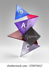 Glossy Glas durchsichtige Dreiecke auf 3D Leerraum. Vektorvorlagenhintergrund für das Workflowlayout, -diagramm, -nummeroptionen oder Webdesign