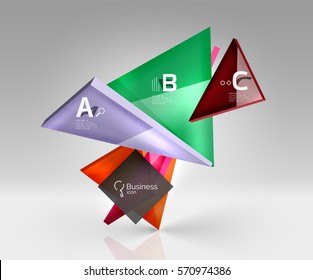 Glossy glass translucent triangles on 3d empty space. Vector template background for workflow layout, diagram, number options or web design