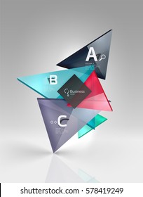Glossy glass translucent triangles on 3d empty space. Vector template background for workflow layout, diagram, number options or web design