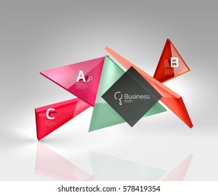 Glossy Glas durchsichtige Dreiecke auf 3D Leerraum. Vektorvorlagenhintergrund für das Workflowlayout, -diagramm, -nummeroptionen oder Webdesign