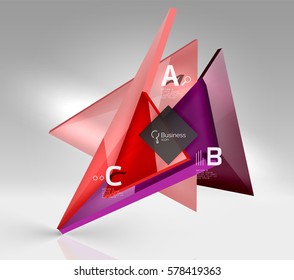 Glossy glass translucent triangles on 3d empty space. Vector template background for workflow layout, diagram, number options or web design