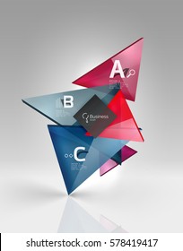 Glossy glass translucent triangles on 3d empty space. Vector template background for workflow layout, diagram, number options or web design