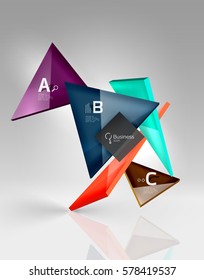 Triángulos traslúcidos de vidrio brillante en espacio vacío 3d. Fondo de plantilla de vector para diseño de flujo de trabajo, diagrama, opciones de número o diseño web