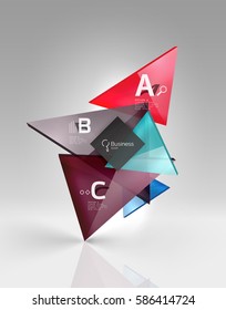 Triángulos traslúcidos de vidrio brillante en espacio vacío 3d. Fondo de plantilla de vector para diseño de flujo de trabajo, diagrama, opciones de número o diseño web