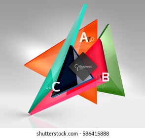 Glossy Glas durchsichtige Dreiecke auf 3D Leerraum. Vektorvorlagenhintergrund für das Workflowlayout, -diagramm, -nummeroptionen oder Webdesign