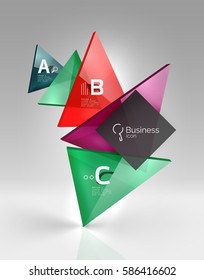 Triángulos traslúcidos de vidrio brillante en espacio vacío 3d. Fondo de plantilla de vector para diseño de flujo de trabajo, diagrama, opciones de número o diseño web