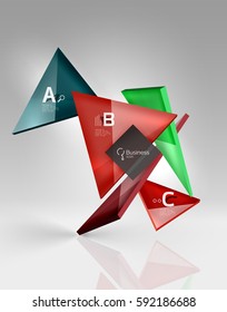 Triángulos traslúcidos de vidrio brillante en espacio vacío 3d. Fondo de plantilla de vector para diseño de flujo de trabajo, diagrama, opciones de número o diseño web