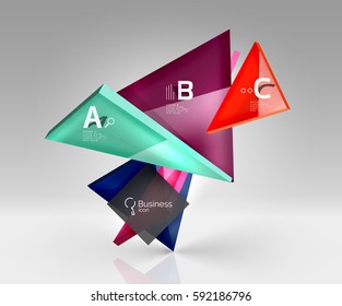 Triángulos traslúcidos de vidrio brillante en espacio vacío 3d. Fondo de plantilla de vector para diseño de flujo de trabajo, diagrama, opciones de número o diseño web